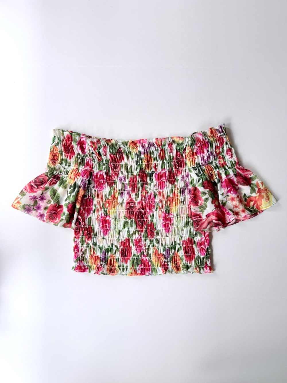 L’Agence Bexley Off Shoulder Smocked Top in White Multi Garden Floral S $260 - Picture 8 of 15